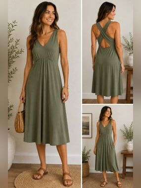 ExOfficio Women’s Small Olive Green Cross-Back Travel Midi Dress